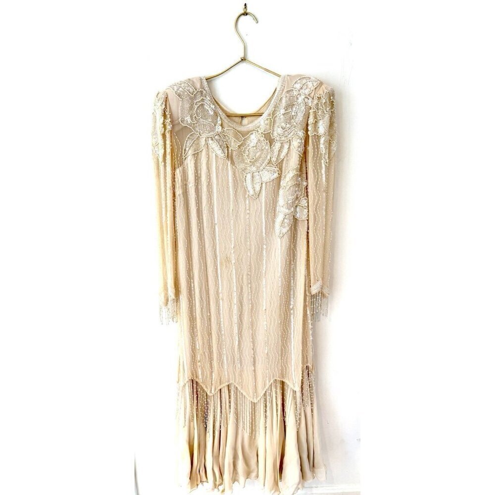 Vintage Oleg Cassini Silk Sequin Beaded Formal Dress Size 14 Blush Pink 1980s